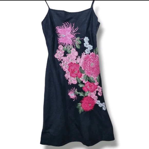 Warehouse Embroidered Dress Size 8 Y2K Japanese Style Florals Black Linen Summer - Picture 2 of 7